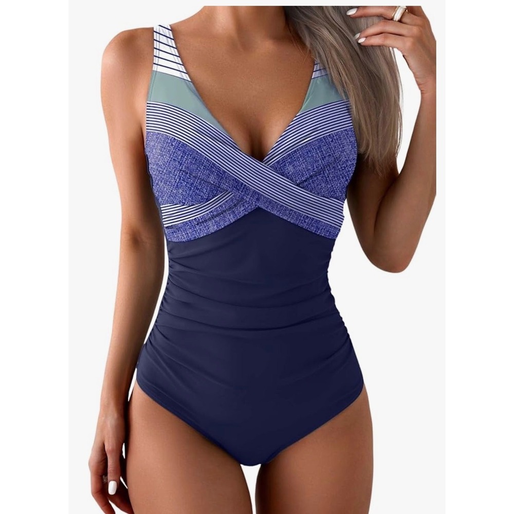 Eomenie Navy Blue Striped Ruched One Piece Swimsuit V-Neck Size M NEW